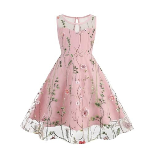 IDOPIP Embroidery Flower Girl Lace Dress for Kids Wedding Bridesmaid Party First Communion Dresses Little Princess Pageant Formal Birthday Gown Graduation Homecoming Dresses Pink - Mesh 7-8 Years | Amazon (US)