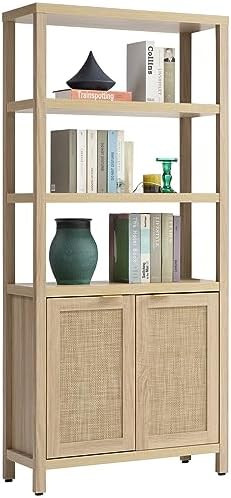 SICOTAS Bookshelf 5 Tier Book Shelf Rattan Boho 71" Tall Bookcase with Doors Storage Shelves Larg... | Amazon (US)