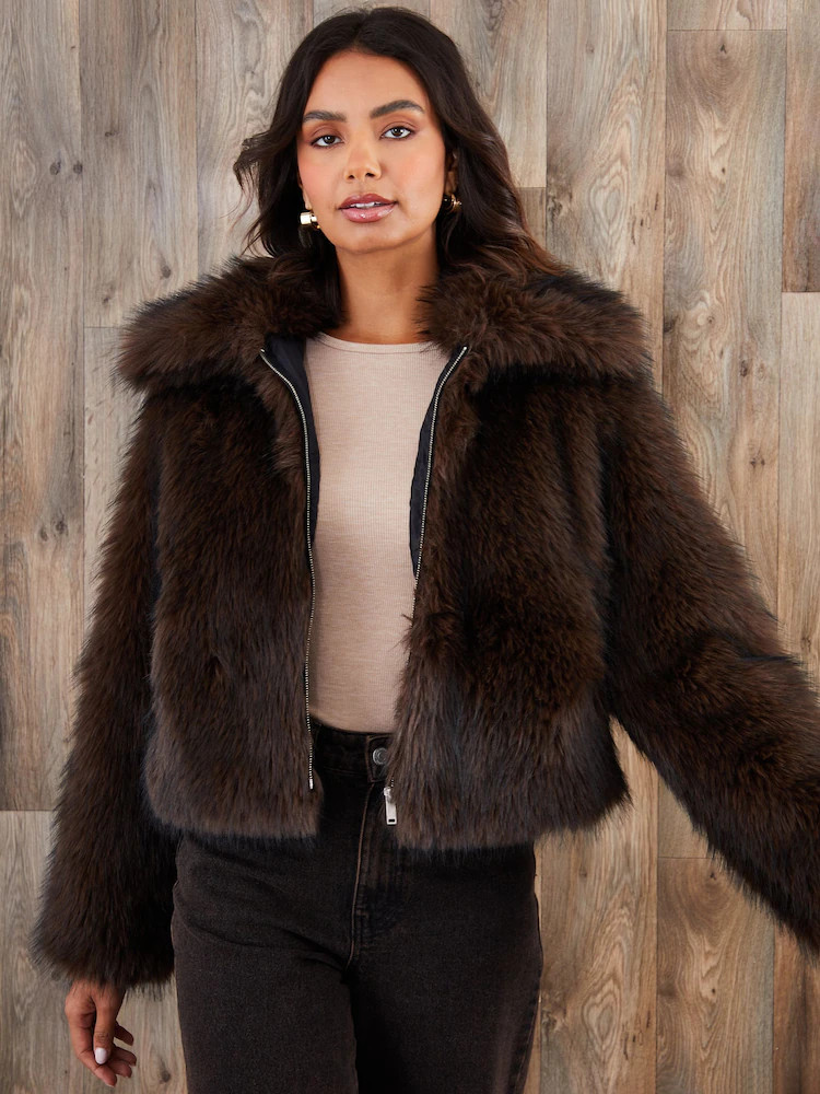 Threadbare Brown Faux Fur Zip Through Coat | Next US