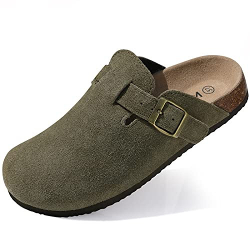 KIDMI Women's Suede Clogs Leather Mules Cork Footbed Sandals Potato Shoes with Arch Support Army Green 41 (Size 9-9.5) | Amazon (US)