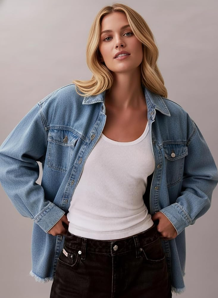 Dokotoo Women's Oversized Denim Jacket Casual Long Sleeve Denim Shirts Distresse Jean Jacket Fall... | Amazon (US)