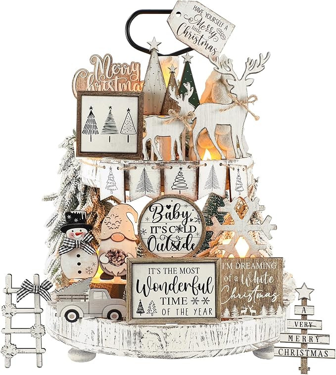 Shellwei 20 Pcs Neutral Christmas Tiered Tray Decor Rustic Winter Tiered Tray Farmhouse Christmas... | Amazon (US)