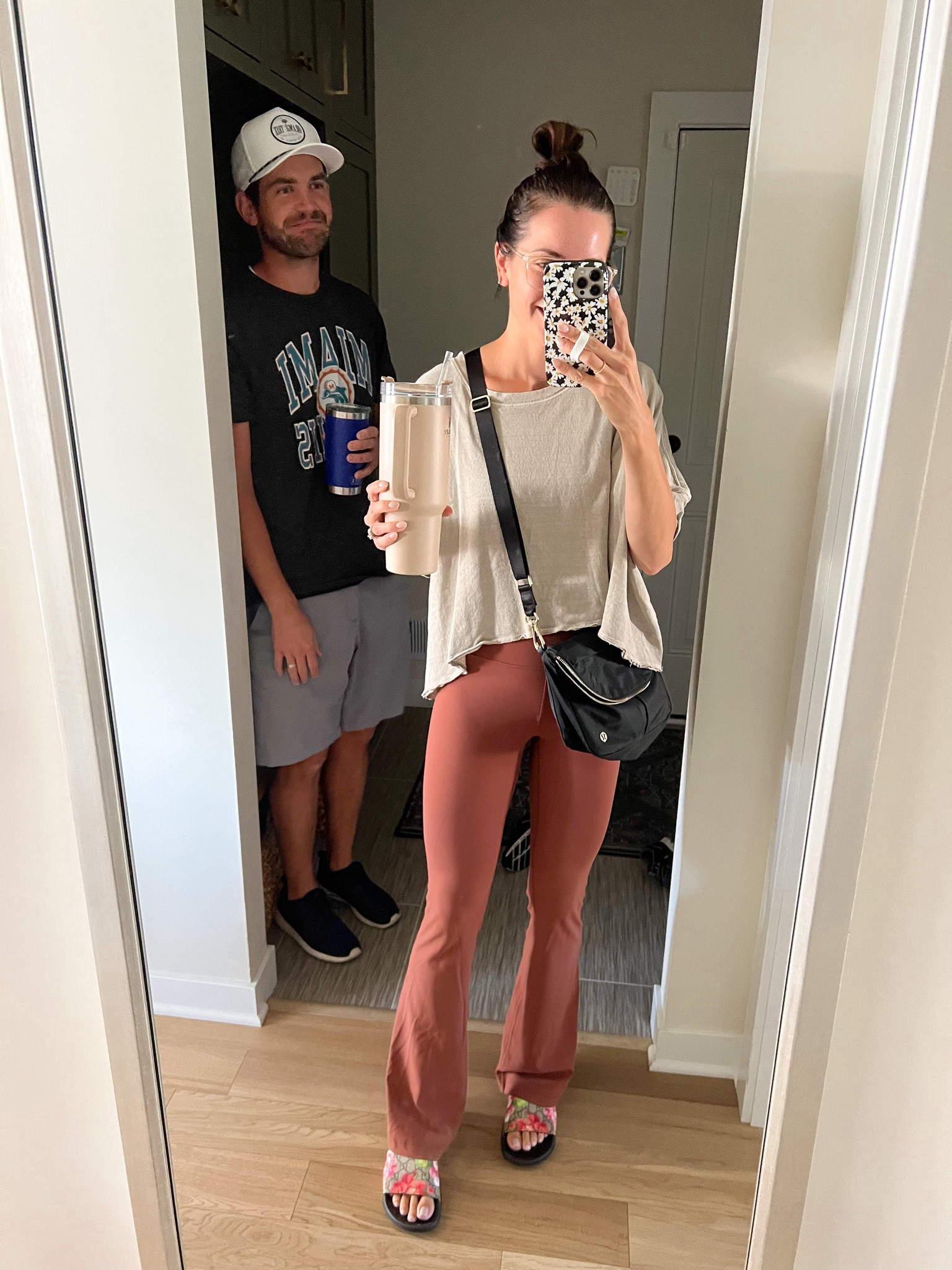 Tee: true to size 
Leggings: size up (4) 
Slides: size up if between 

#LTKSeasonal #LTKfit #LTKitbag