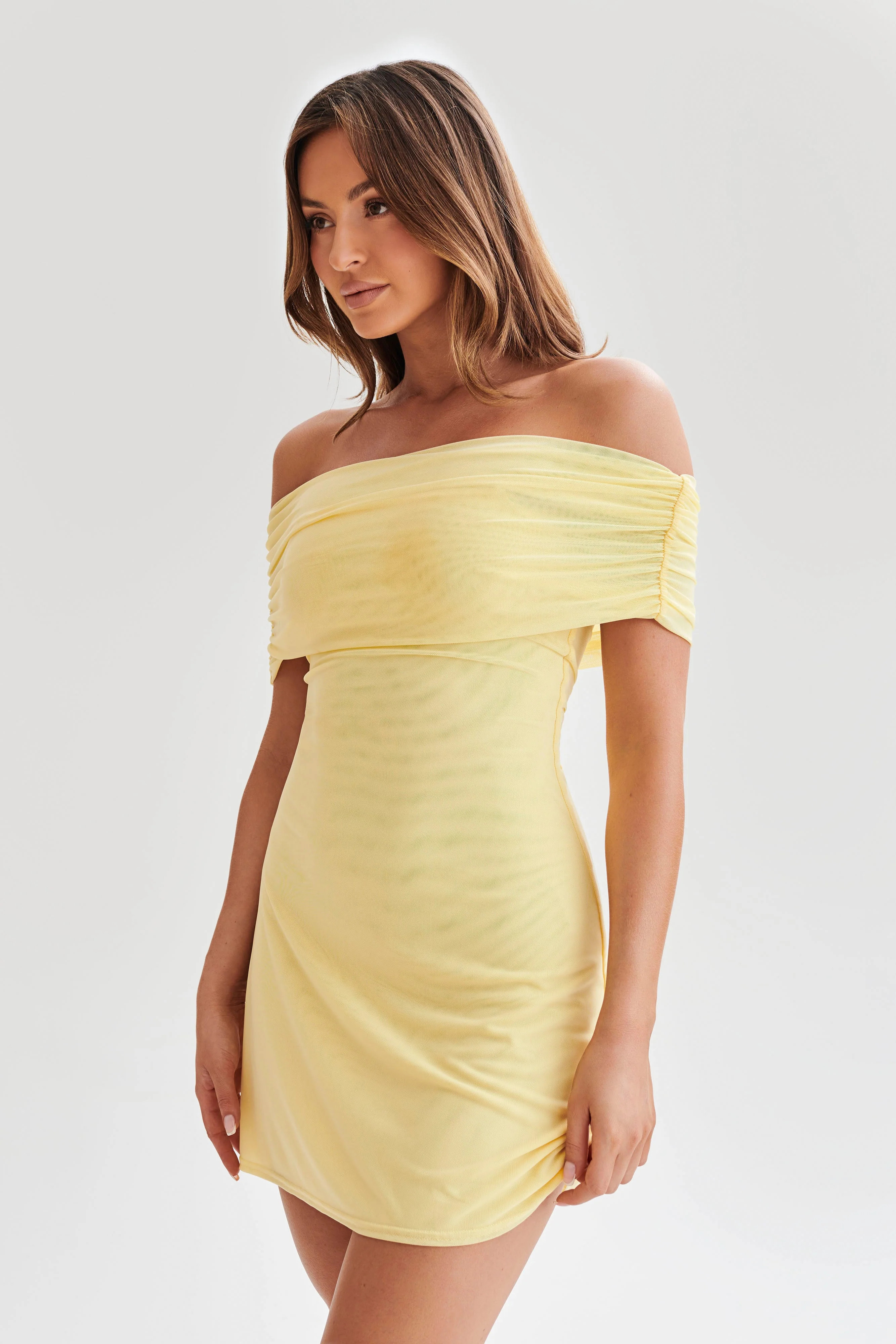 Josie Off Shoulder Mesh Mini Dress - Lemon | MESHKI US