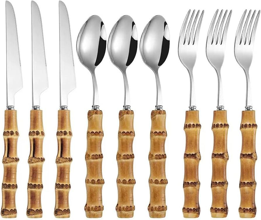 9 Pieces Stainless Steel Flatware Sets with Bamboo Handle for Home Party Wedding Daily Use Includ... | Amazon (US)