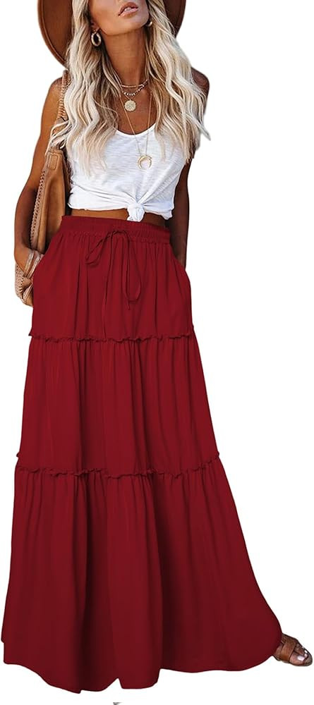 EARKOHA Womens Casual High Waist Tiered Paisley Print Long Maxi Skirt with Pockets | Amazon (US)