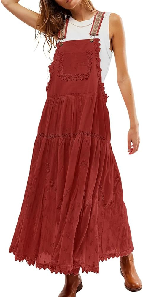 Women's Casual Lace Embroidered Maxi Dress Adjustable Strap Pleated Tiered Swing Long Dress with ... | Amazon (US)