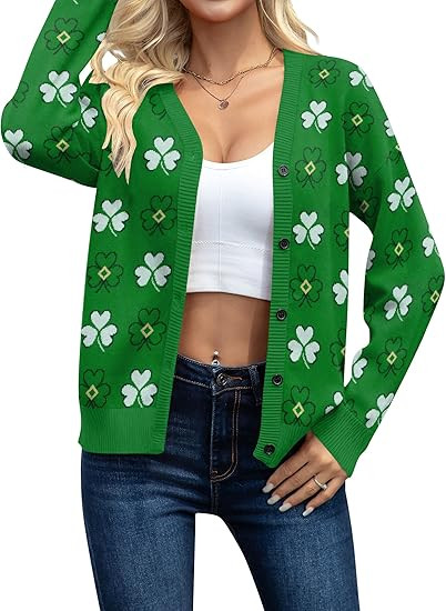 NEWWEN St Patricks Day Cardigan Sweaters for Women Lucky Shamrock Knit Sweater Button Down V Neck... | Amazon (US)