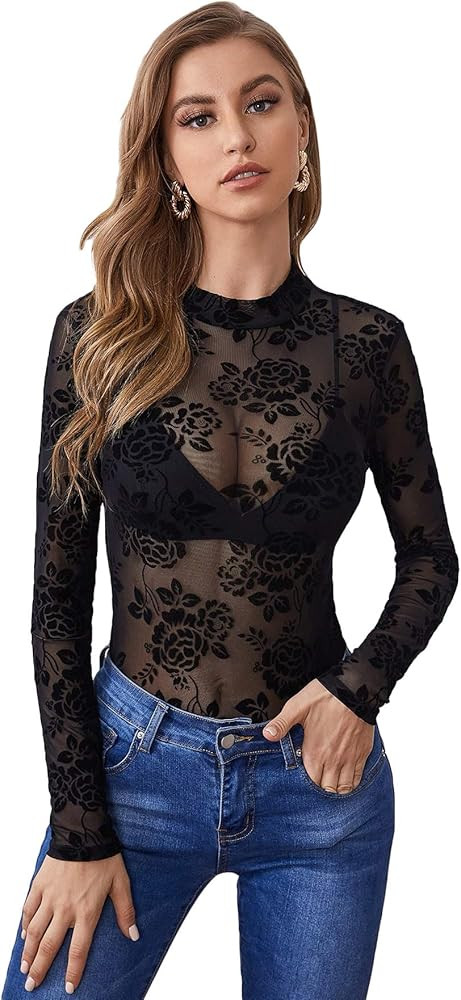 Floerns Women's Star Mesh See Through Mock Neck Long Sleeve Tops Tee T-Shirt | Amazon (US)