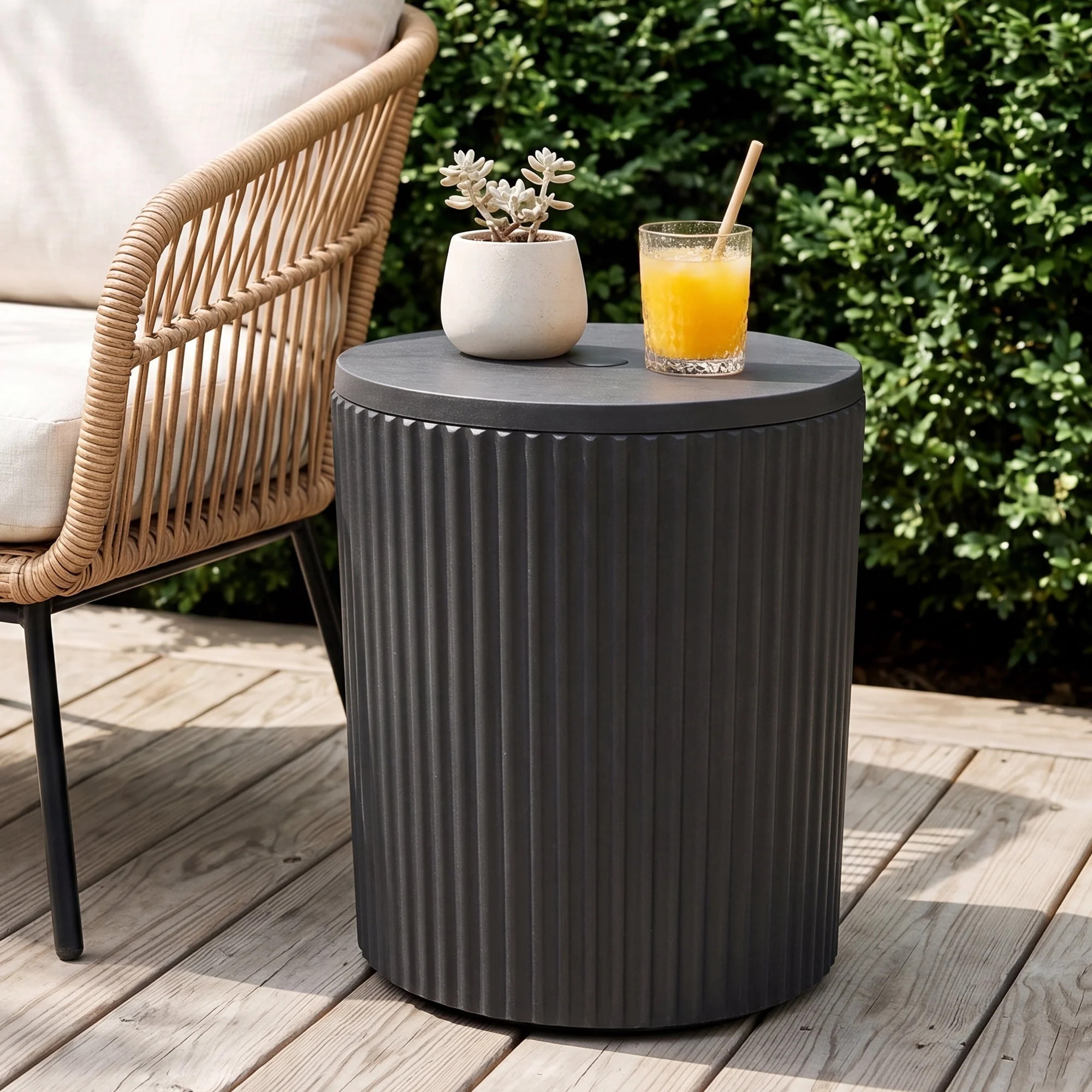 FOROUTIA 18.5 Inch Round Fluted Plastic Patio Side Table, 3 in 1 Outdoor Umbrella Base Stand Storage Cooler Table for Backyard Pool Deck Garden, Black - Walmart.com | Walmart (US)