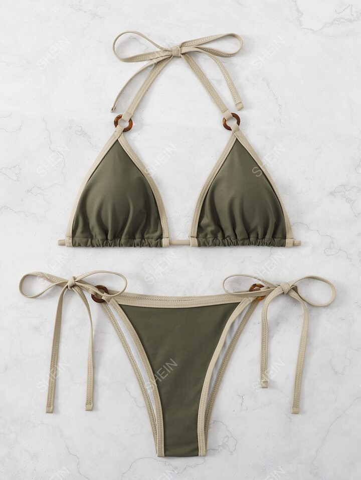 SHEIN Swim Summer Beach Ladies' Solid Color Bikini Set With Trim Details - Halter Triangle Bralet... | SHEIN