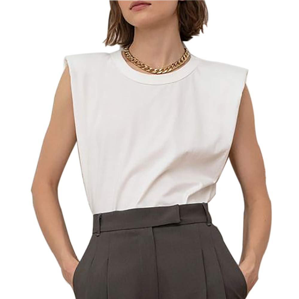 Meladyan Women’s Solid Cotton Padded Shoulder Sleeveless Tee Vest Crew Neck Loose Tank Tops | Amazon (US)