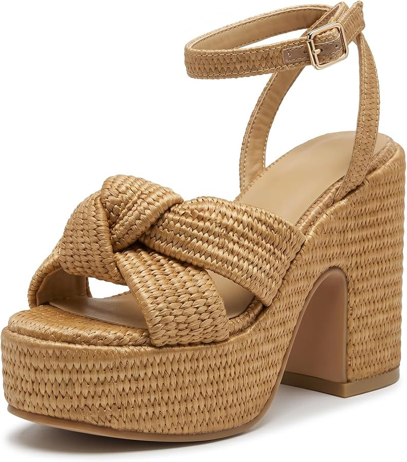 Women's Raffia Platform Sandals, Comfortable Lightweight Open Toe Summer Dress Heels for Beach Va... | Amazon (US)