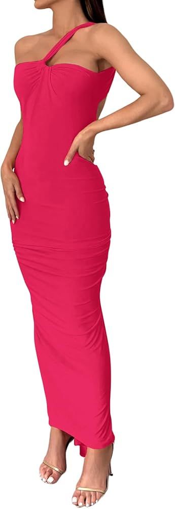 Vrtige Women's Sexy One Shoulder Backless Ruched Sleeveless Cocktail Bodycon Maxi Dress | Amazon (US)