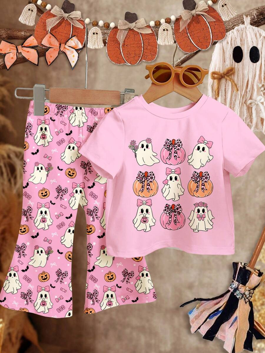 SHEIN 1pc Cute Halloween Themed Graphic Tee And Flare Pants Set For Baby Girls, Featuring Spooky,... | SHEIN