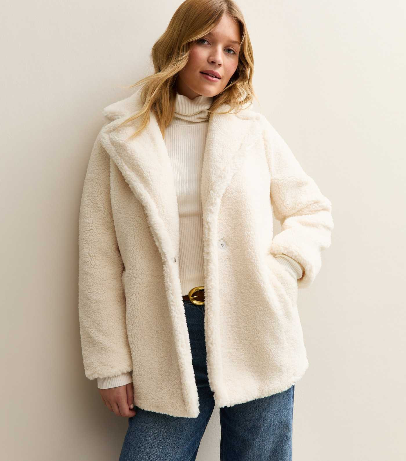 Cream Collared Long Sleeve Borg Coat | New Look | New Look (UK)