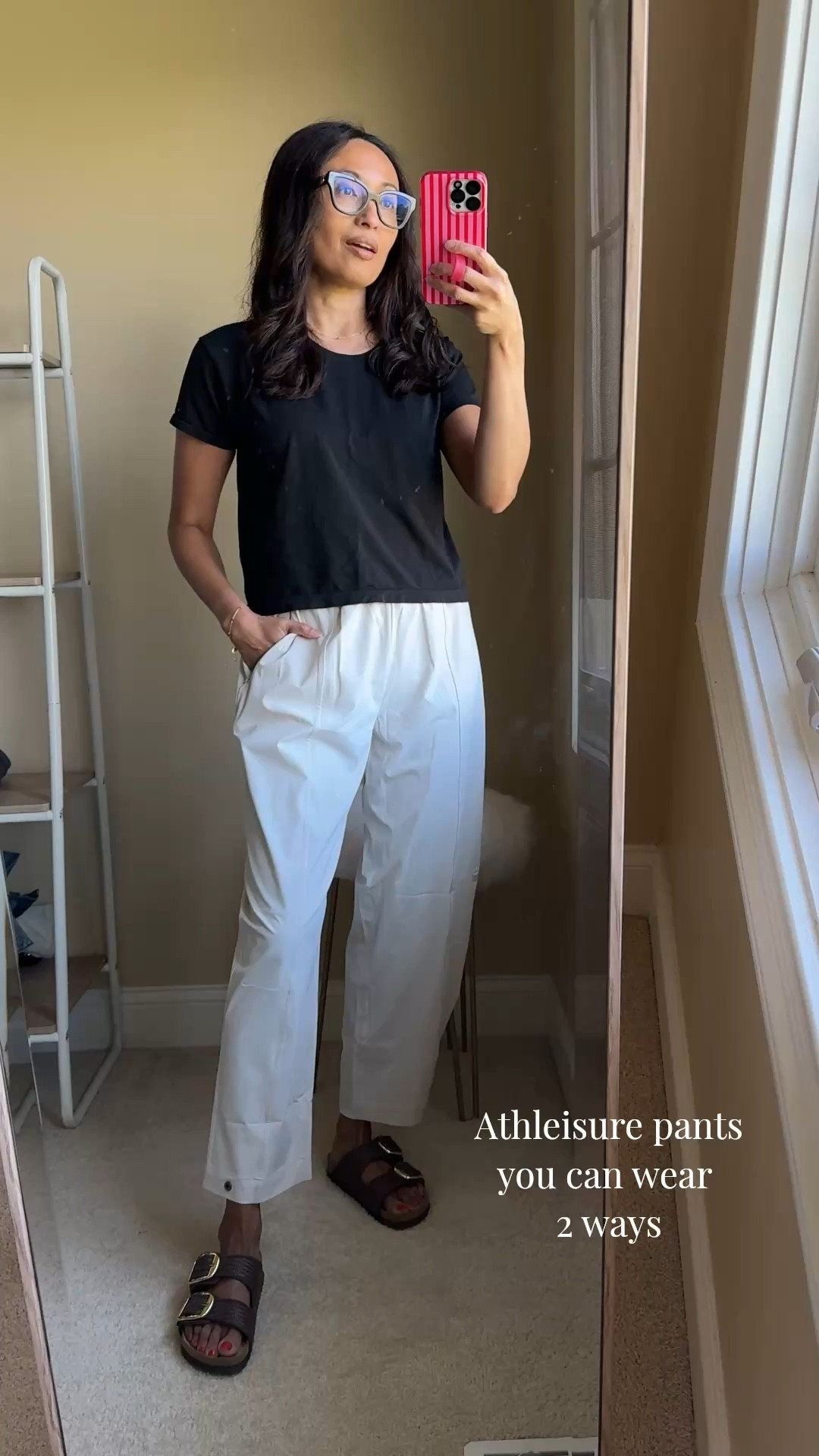 Athleisure pants you can wear 2 ways. Snaps at hem. Unbuttoned for wide leg; snapped for barrel leg look. 
Nice and comfy wide waistband. Nice lightweight athletic material with some stretch. 
Just too big for me in size xs. 
Size down. 
Would make good Travel pants  


#LTKTravel #LTKOver40 #LTKActive