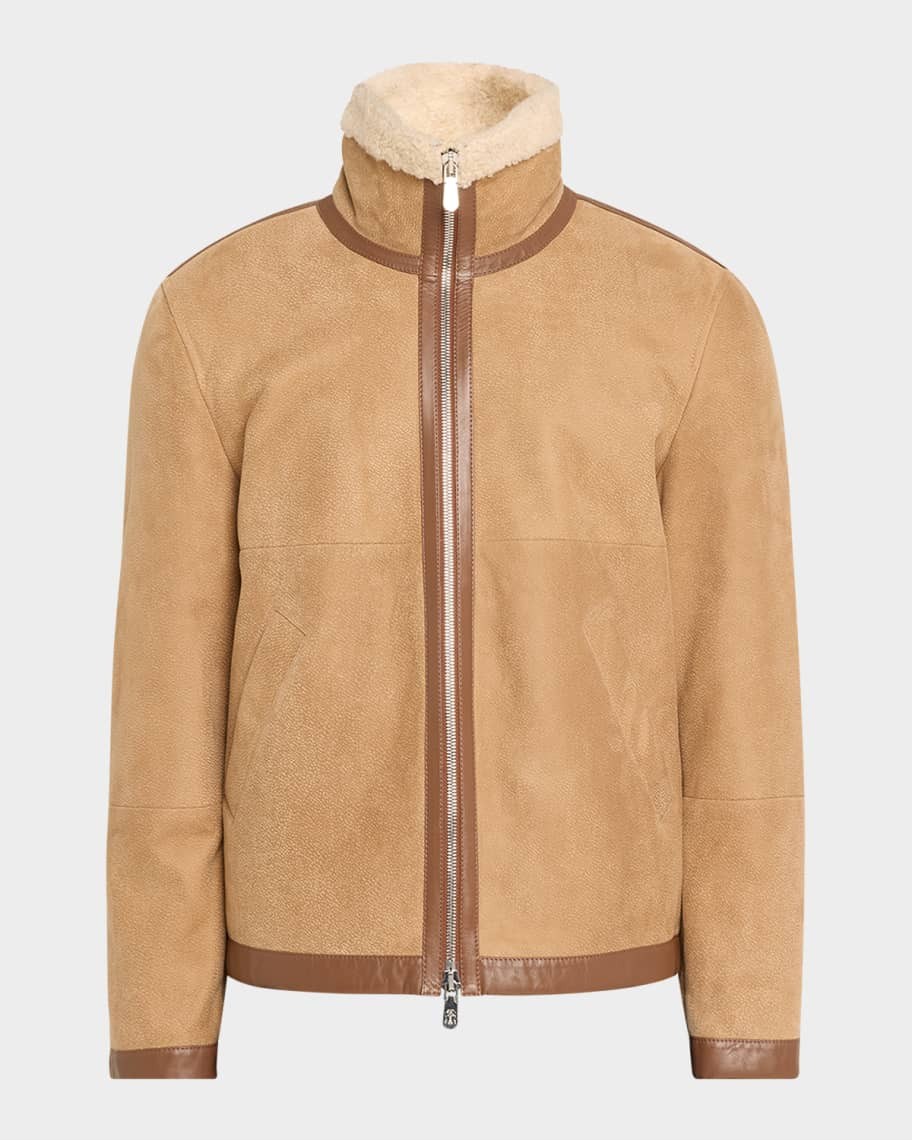 Brunello Cucinelli Men's Lamb Shearling Lined Suede Jacket with Leather Taping | Neiman Marcus