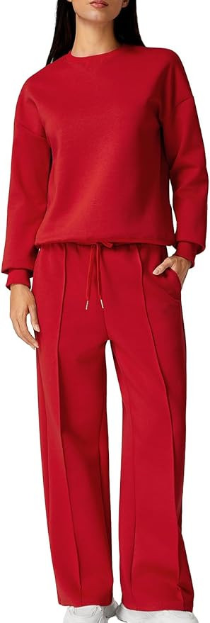 QINSEN 2 Piece AirCotton Outfits Sweatsuits Long Sleeve Pullover Sweatshirt Wide Leg Sweatpant wi... | Amazon (US)
