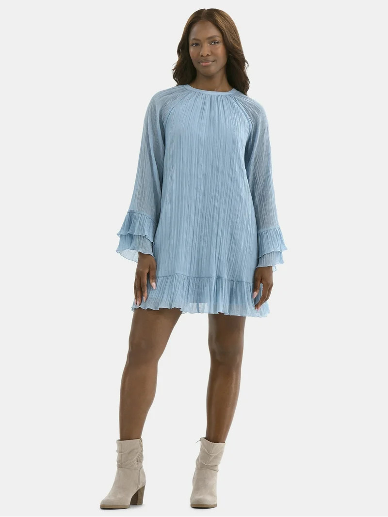 Time and Tru Women's and Women's Plus Crinkle Mini Dress with Back Tie, Sizes XS-4X | Walmart (US)