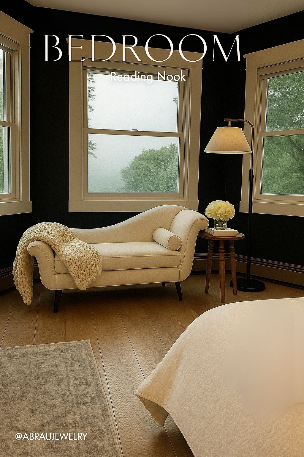 Moody Primary Bedroom Reading nook with chaise lounge, cozy throw, lighting and accent table. 

#LTKU #LTKHome