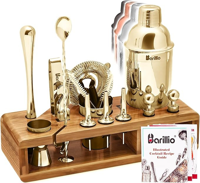 Barillio Gold Bartender Kit - Stainless-Steel Cocktail Shaker Set w/Bamboo Stand - Mixology Bar T... | Amazon (US)