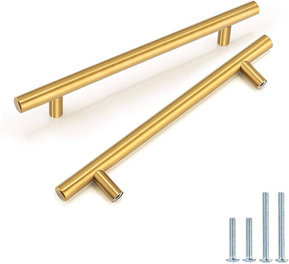 Brass Cabinet Pulls 160mm(6-3/10") Hole Spacing 12 Pack Euro T bar Style Handles Gold Color Kitch... | Amazon (US)