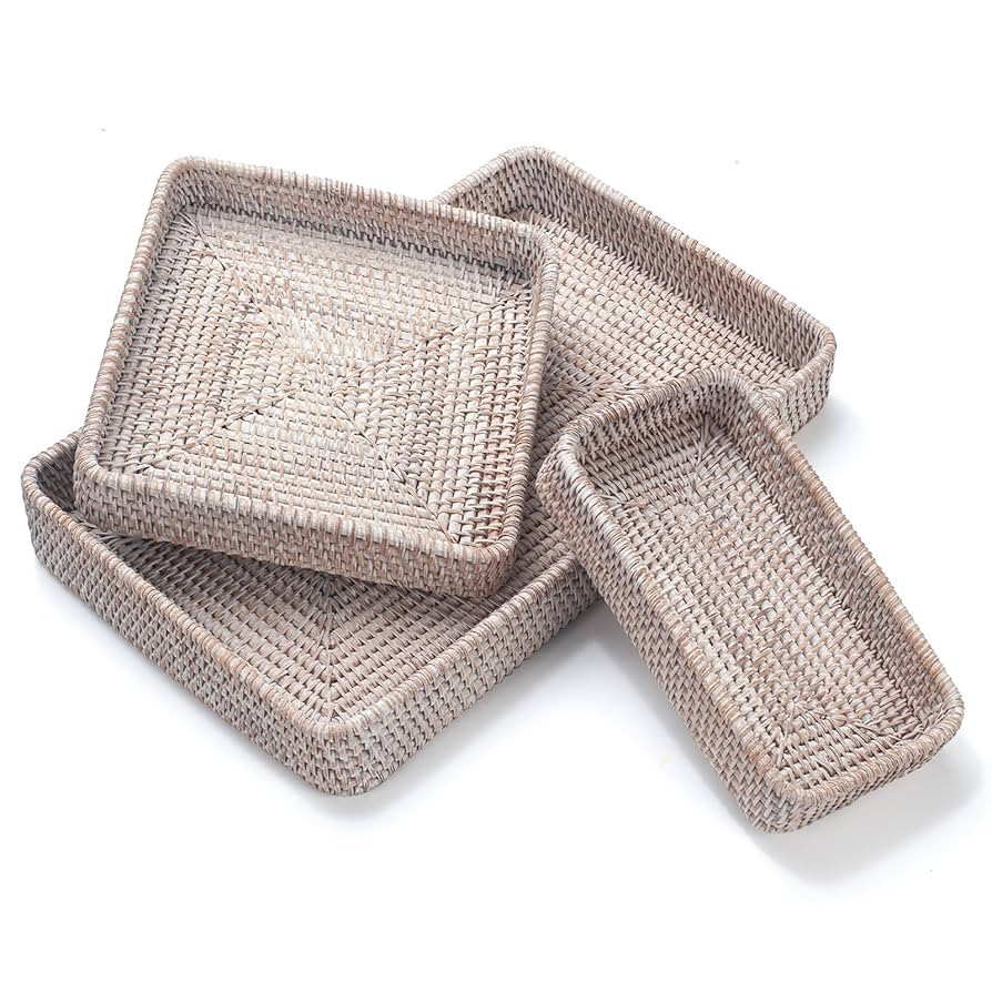 Rattan Serving Tray, Rectangular Woven Tray, Natural Wicker Decorative Serving Baskets for Organi... | Amazon (US)