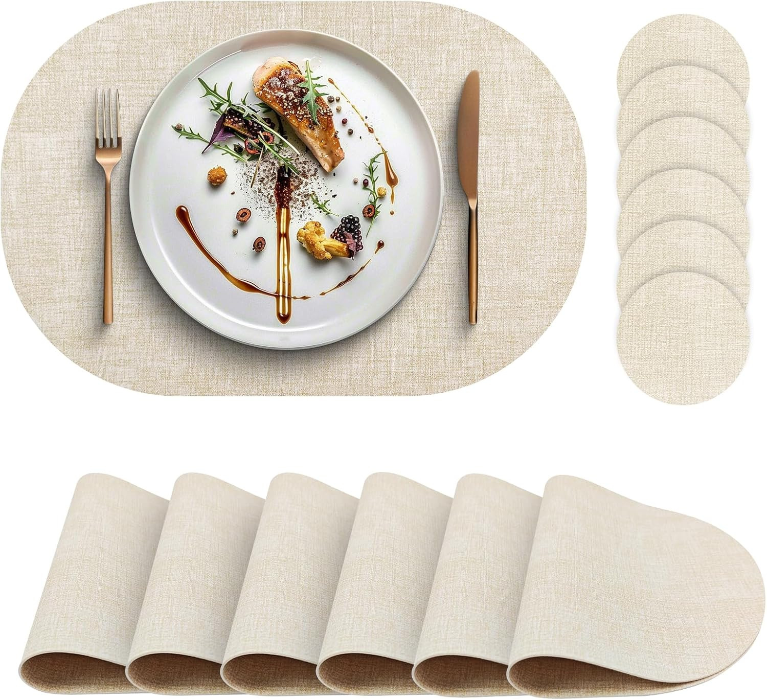Faux Leather Placemats Set of 6 with Matching Coasters, Heat Resistant PU Oval Placemats, Waterproof Wipeable Washable Place Mats, Non-Slip Table Placemats for Dining Table Kitchen Patio | Amazon (US)