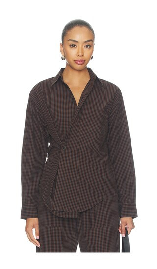 PISTOLA Mila Long Sleeve Button Down Wrap Top in Brown. - size S | Revolve Clothing (Global)