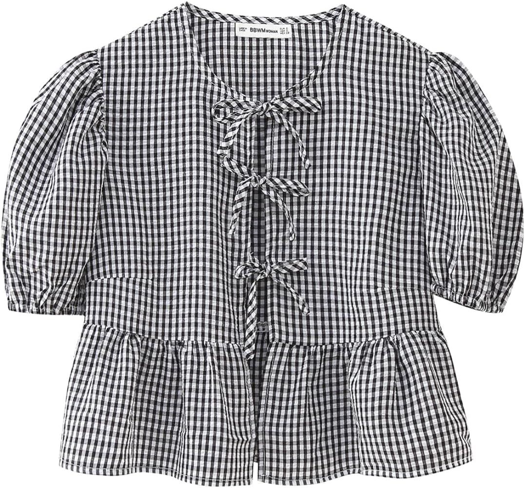 Bow Tie Front Shirt Top for Women Striped Ruffle Sleeve Peplum Top Lace Up Front Top Summer Casua... | Amazon (US)