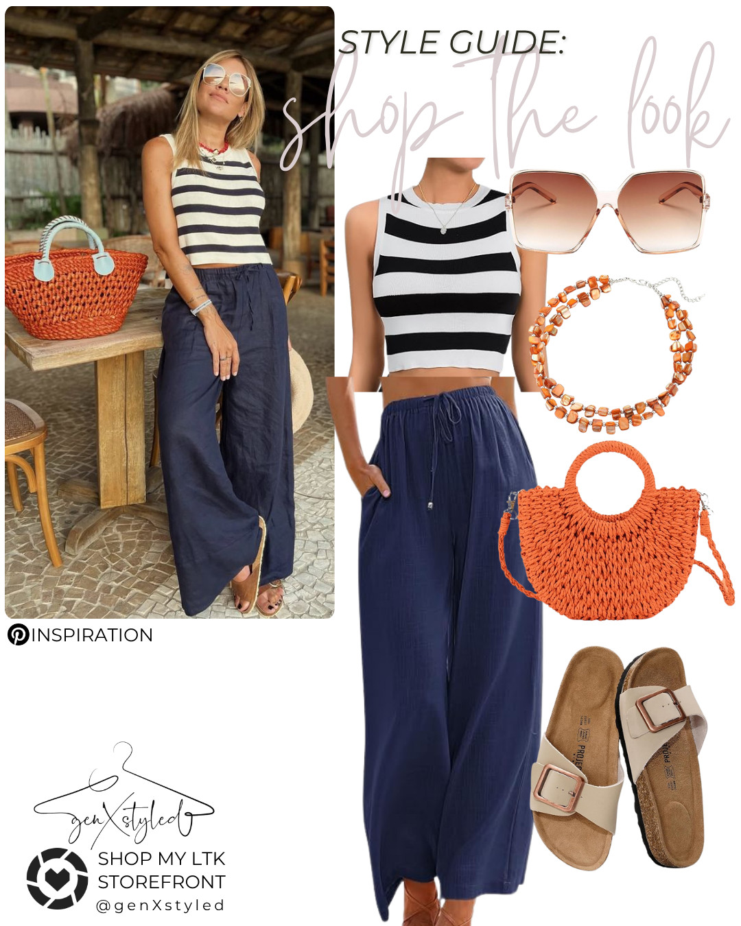 Summer outfit inspiration for effortless vacation style with striped crop top, navy wide-leg pants, and bold orange accessories. Chic, comfy, and perfect for sunny days! The sunglass has a price drop & coupon too! All from Amazon! 

 #LTKSummerEdit #LTKPetite #LTKStyleTip
