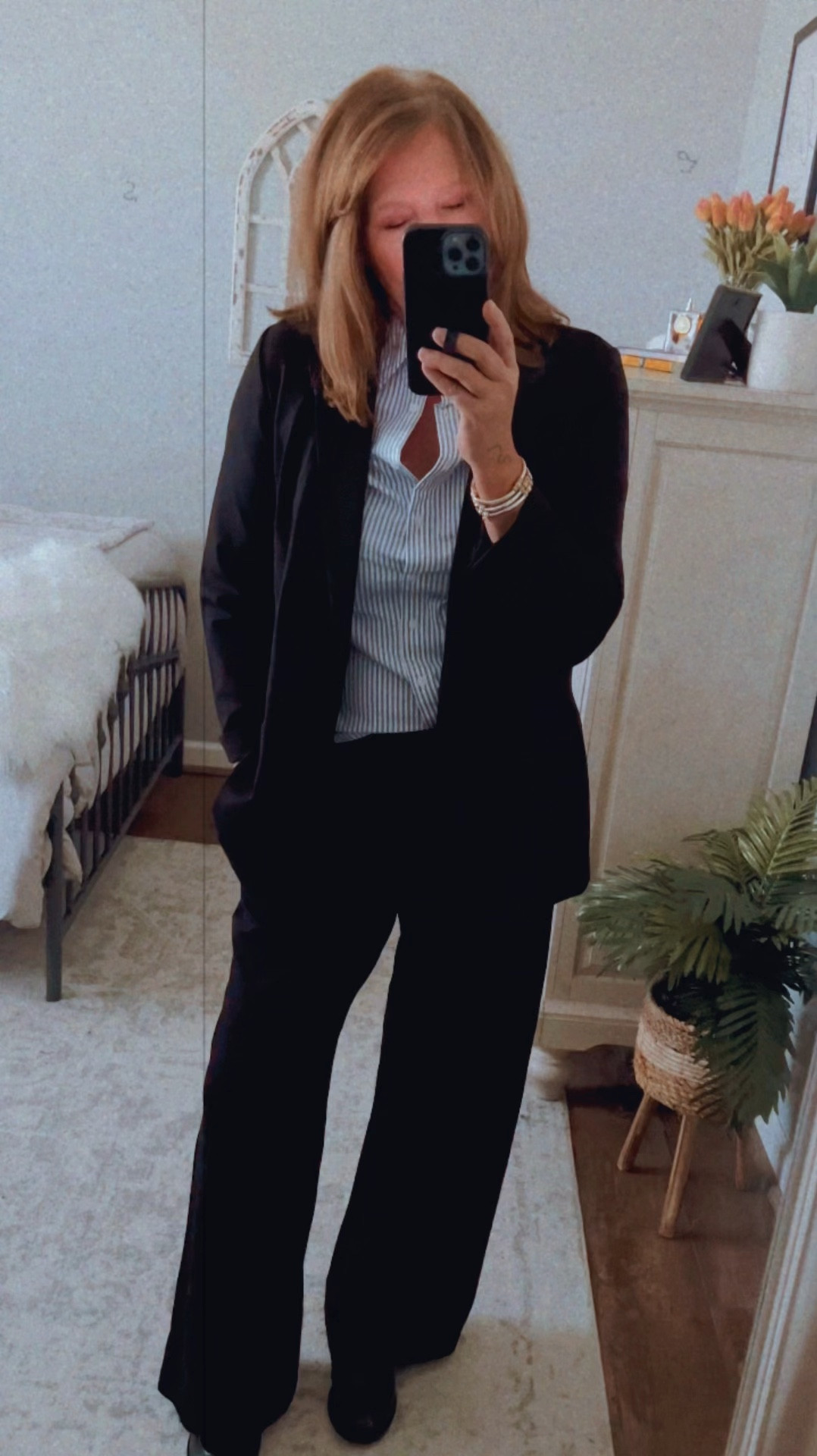 Time and Tru boyfriend blazer, style with striped button down Time and Tru shirt and Lee wide leg pull on knit pants. **best pants EVER!🥰 Time and Tru loafers, super comfortable, also tts. 

#walmartpartner #walmartfashion @walmartfashion #walmart @walmart Walmart outfits, fall outfits, workwear, business casual outfit, sale, blazer outfits, loafer outfits 

#LTKSaleAlert #LTKWorkwear #LTKFindsUnder50