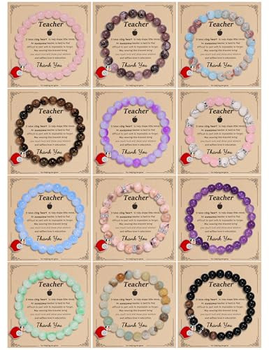NICEIGHT 12PCS Teacher Appreciation Bracelets for Women Men Natural Stone Bead Teacher Bracelets Gift Apple Pendant Stretch Bracelets With Message Card Thank You Teachers Gifts S1 | Amazon (US)
