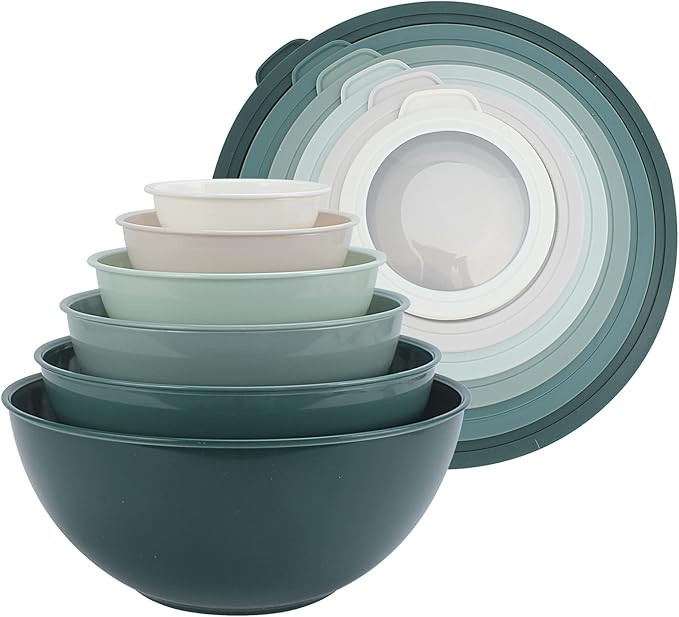COOK WITH COLOR Nesting Mixing Bowls - 12 Piece Plastic Bowl Set with Lids, Microwave Safe (Green... | Amazon (US)