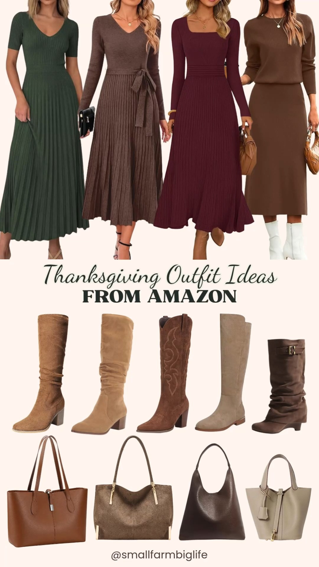 🦃 Thanksgiving Outfit Ideas From Amazon

These Thanksgiving outfit ideas pair cozy sweater dresses with tall fall boots and roomy everyday handbags, so you're set for Thanksgiving dinner and the whole holiday season. The dresses include a coffee wool blend midi sweater dress with a removable belt and a pleated A line skirt, a burgundy ribbed knit square neck sweater dress with a fit and flare skirt, an army green pleated midi sweater dress with a V neck, and a brown two piece knit sweater and skirt set. These fall dresses are comfortable enough for a long holiday meal and polished enough for church, a fall wedding, or date night, and the midi lengths and long sleeves make them great fall outfits for women over 50. For fall boots, choose tan block heel tall boots, camel slouchy knee high boots with a chunky heel, light taupe suede flat riding boots, brown suede western cowboy boots, or brown slouchy wedge boots. Finish the look with a caramel work tote that holds a laptop, a taupe and gold top handle tote, a coffee slouchy hobo bag, or a grey beige leather bucket bag. Rich fall colors, soft knits, and knee high boots make this an easy Thanksgiving outfit at an Amazon price.

#amazonfashion #amazonfinds #thanksgivingoutfit #sweaterdress #fallboots #falloutfits 

 #LTKootd #LTKOver40 #LTKWorkwear