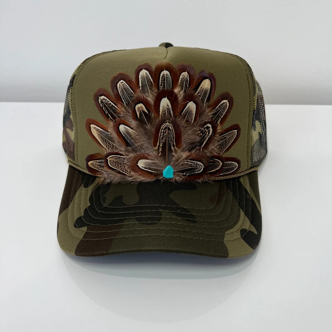 FEATHER Trucker Hat Western Rodeo Stagecoach Cowgirl Hat Dark Green Camo - Etsy | Etsy (US)