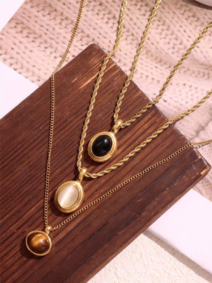 1pc Vintage Oval Black White Brown Stone Charm Necklace 18K Gold Plated Stainless Steel Small Cute Pendant Necklaces Jewelry Gift For Women | SHEIN