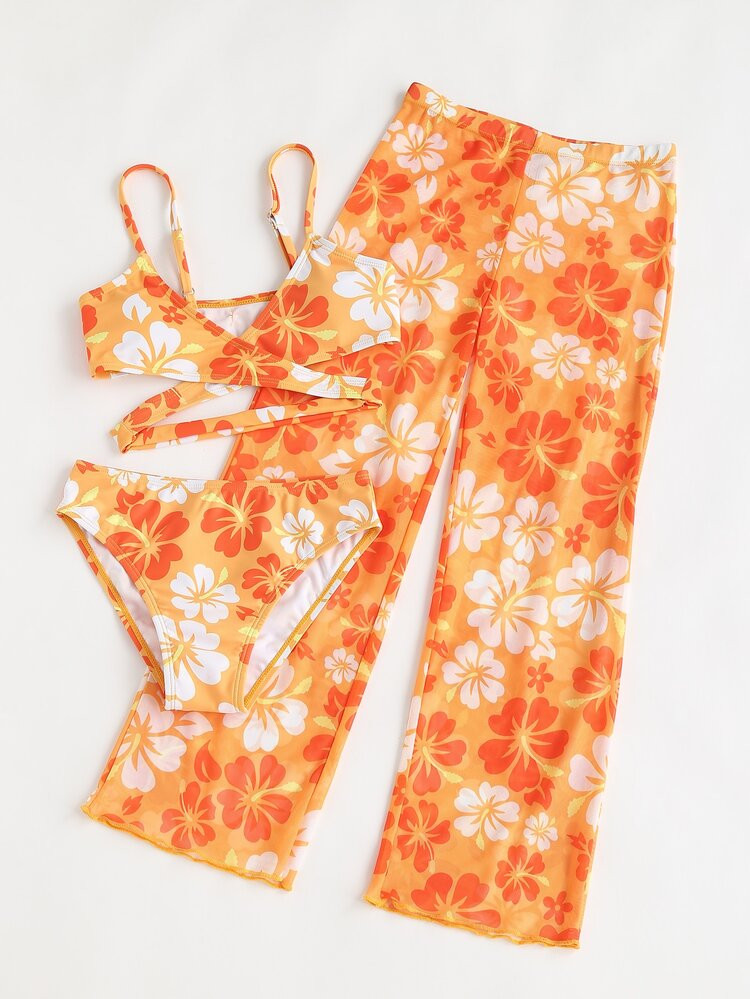 Girls 3pack Floral Print Wrap Bikini Swimsuit & Cover Up Pants | SHEIN