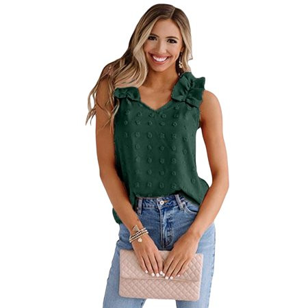 Women Green Swiss Dot Woven Sleeveless Top With Ruffled Straps | Walmart (US)