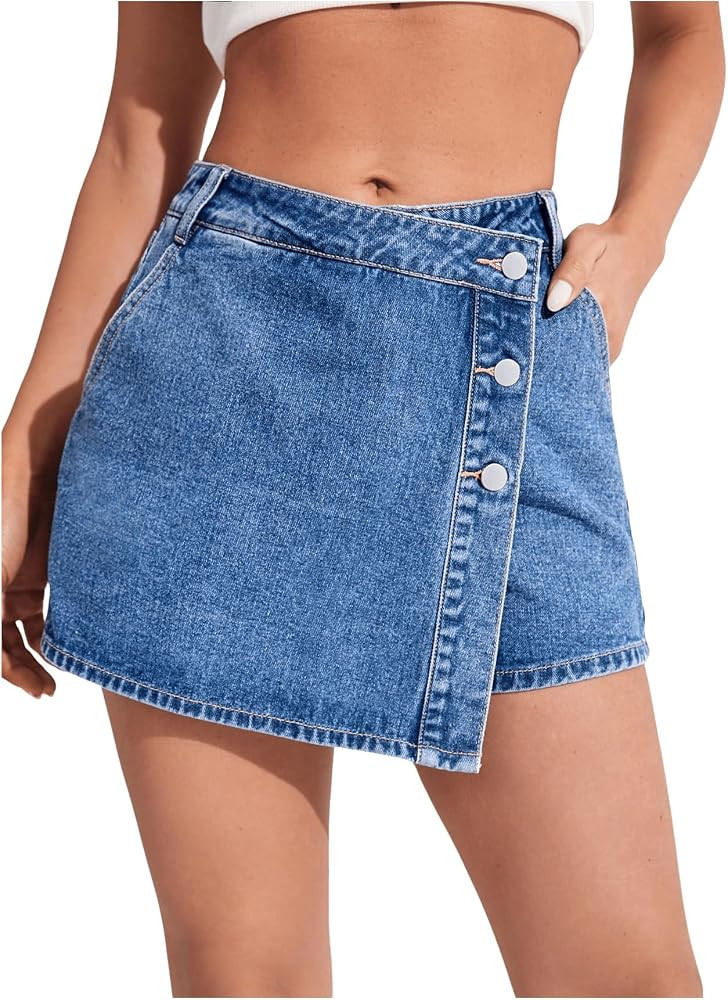 WDIRARA Women's High Waisted Button Front Denim Skort Asymmetrical Hem Skirt Shorts | Amazon (US)