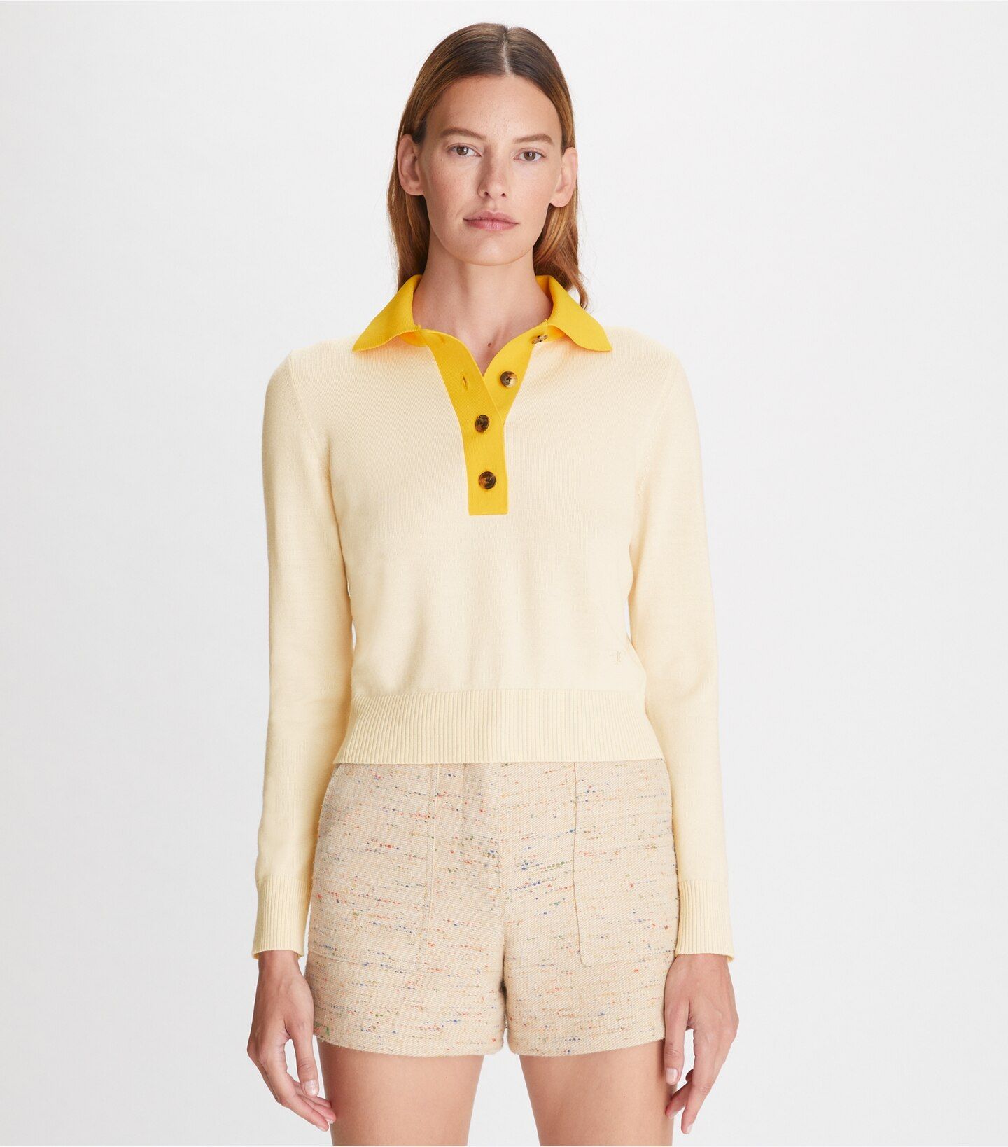 Contrast Collar Long-Sleeve Polo: Women's Designer Sweaters | Tory Burch | Tory Burch (US)