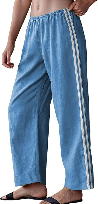 Womens Cropped Striped Linen Pants Summer Casual Wide Leg Pants Elastic Waist Beach Vacation Lounge Trousers | Amazon (US)