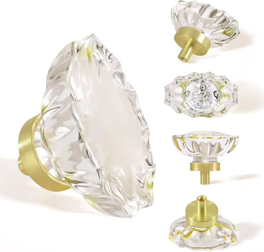 SHINY HANDLES Satin Brass Glass Cabinet Knobs,Clear Crystal Drawer Pulls and Knobs,Gold Cabinet K... | Amazon (US)