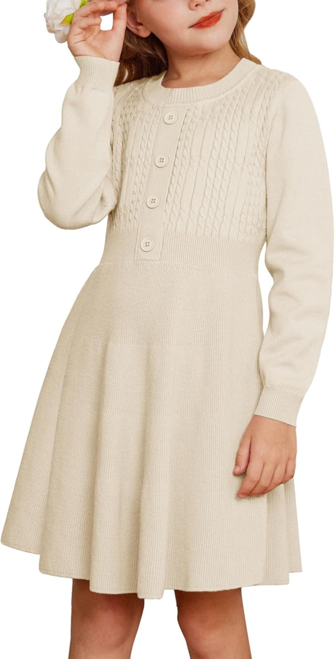 GRACE KARIN Girl Dress Long Sleeve Sweater Ruffle Button Front Knit Casual Fall Winter Dresses fo... | Amazon (US)