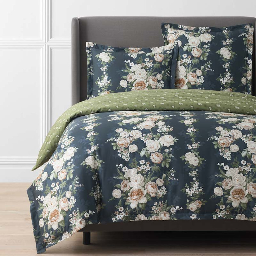 Blooming Melody Reversible Premium Smooth Wrinkle-Free Sateen Duvet Cover - Green Multi, Full/Queen - Blue/Green | The Company Store | The Company Store