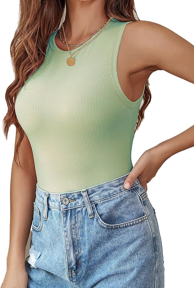 Ekouaer Sexy Sleeveless Bodysuit for Women Round Neck Ribbed Tank Top Bodysuit | Amazon (US)