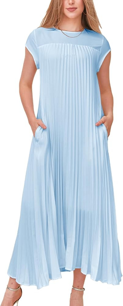 KEOMUD Women Summer Pleated Maxi Dress Casual Short Sleeve Crewneck Flowy Swing Long Dress with P... | Amazon (US)