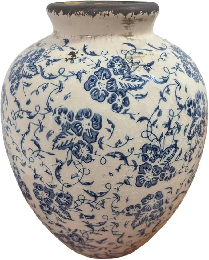 Vintage Blue and White Floral Ceramic Vase – Round Pottery Terracotta Jar for Home Decor, Rusti... | Amazon (US)