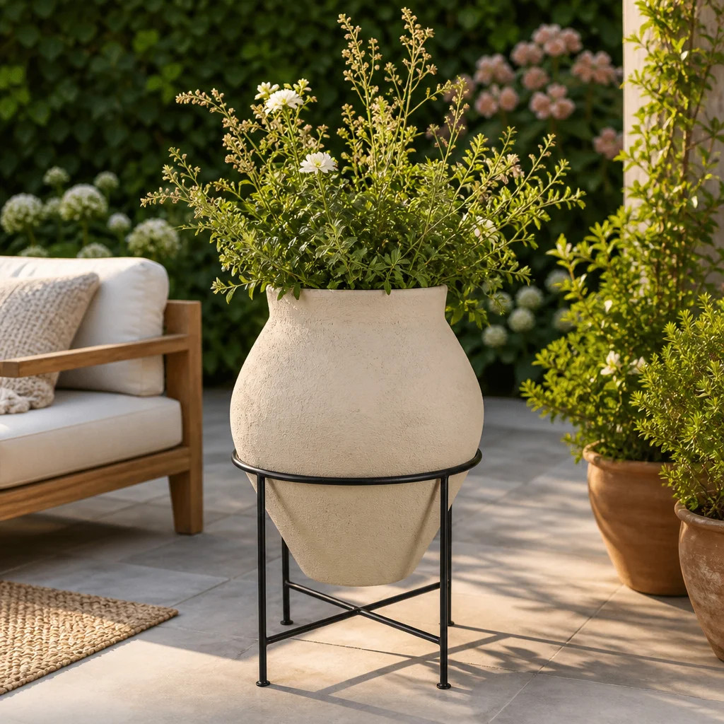 Round Terracotta Flower Pot Planter in Metal Stand for Indoor or Patio Outdoor - Decorative Garde... | Wayfair North America
